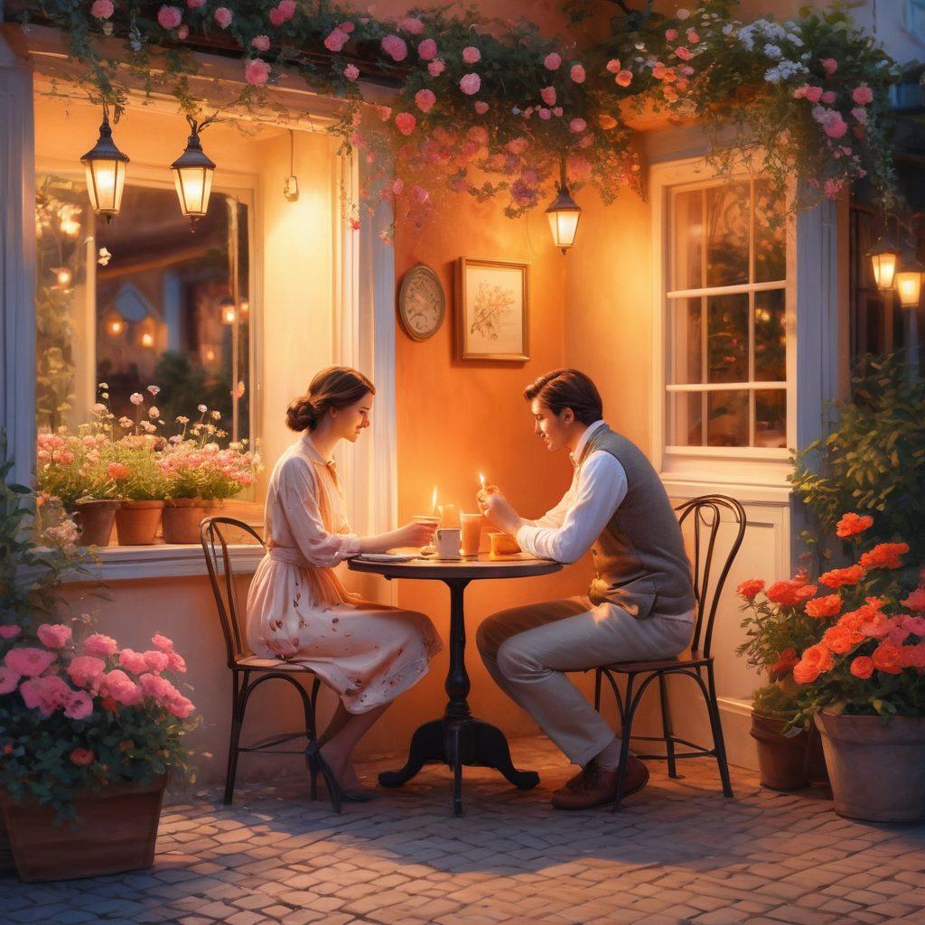 A cozy café scene with a couple deeply engaged in conversation, surrounded by romantic elements like soft candlelight and blooming flowers on the table. The ambiance captures an intimate connection, with hints of flirtation in their expressions. The background features warm hues and subtle heart motifs, evoking a sense of love and devotion. Illustration style: vibrant colors, soft focus, watercolor painting.