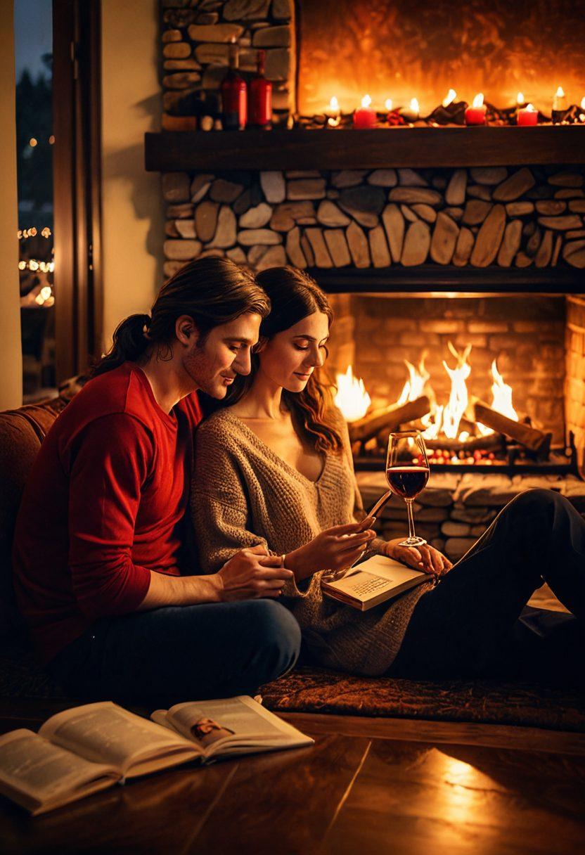 A warm, intimate scene showcasing a couple sitting by a cozy fireplace, sharing a glass of wine, surrounded by soft, glowing candlelight. The atmosphere is vibrant with shades of red and gold, representing passion and love. Include subtle elements of modern romance, like a glowing smartphone and a shared playlist on a tablet. The background captures a tasteful blend of contemporary decoration and rustic charm. super-realistic. vibrant colors. warm tones.
