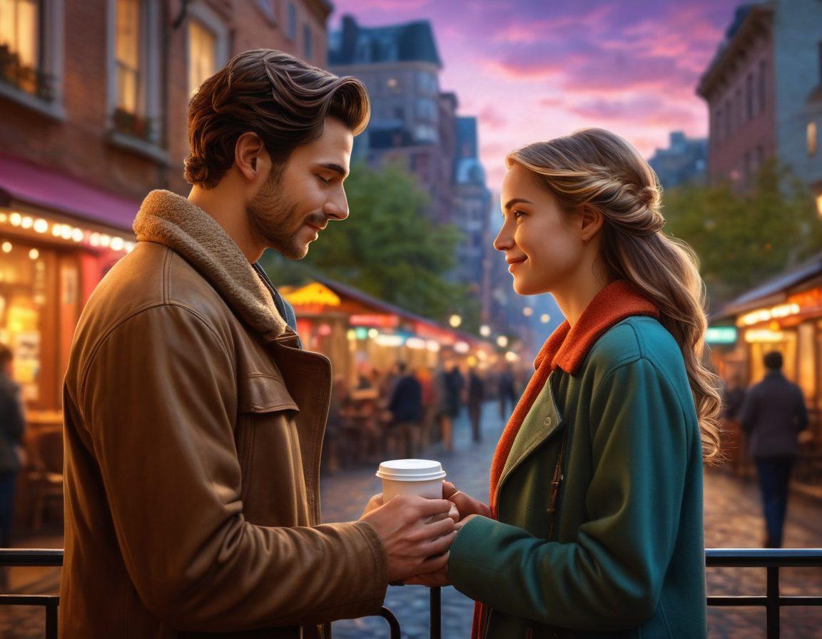 A beautifully intertwined couple holding hands, surrounded by a vibrant cityscape representing the modern dating scene. Use elements like coffee shops, parks, and digital devices illustrating connection and engagement. The couple's expressions should show warmth and affection, showcasing the journey of love. Soft glowing lights in the background to symbolize hope and romance. super-realistic. vibrant colors. ambient lighting.